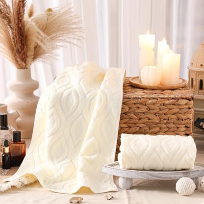 SmoothNovelty 2 Pcs Cream Ivory Geometric Jacquard Hand Towels for Bathroom