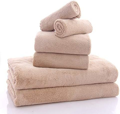 MOONQUEEN Ultra Soft Towel Set - Quick Drying - 2 Bath Towels 2 Hand Towels 2 Washcloths - Microfiber Coral Velvet Highly Absorbent Towel for Bath Fitness, Sports, Yoga, Travel (Brown, 6 Pcs)