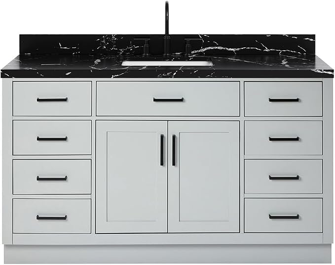 ARIEL Hepburn 60 Inch Single Rectangle Sink Bathroom Vanity with Nero Marquina Black Quartz Countertop 1.5 Inch in Grey