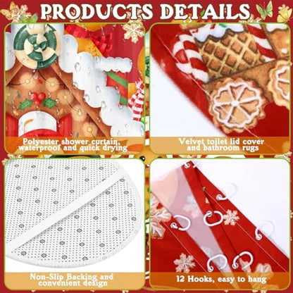 FuWeave 8 Pcs Christmas Shower Curtain Set Xmas Santa Bathroom Decoration Christmas Tree Hand Towels Snowman Toilet Lid Cover Bathroom Rugs Xmas Shower Curtain with Hooks(Gingerbread Man)