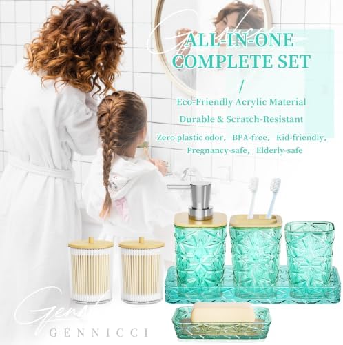 Bathroom Accessories Set, 7 Pcs Teal Bathroom Set, Acrylic Soap Dispenser and Toothbrush Holder Set, Qtip Holder Set, Bathroom Sink Set, Gift for Home Apartment