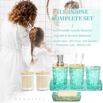 Bathroom Accessories Set, 7 Pcs Teal Bathroom Set, Acrylic Soap Dispenser and Toothbrush Holder Set, Qtip Holder Set, Bathroom Sink Set, Gift for Home Apartment