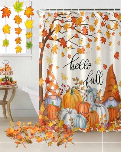 Shower Curtain Bathroom Set Autumn Gnome Orange Maple Tree Waterproof Shower Curtains with Grommets Hooks Thanksgiving Pumpkin Watercolor Privacy Bath Curtain for Bathtub Decor 48x72in