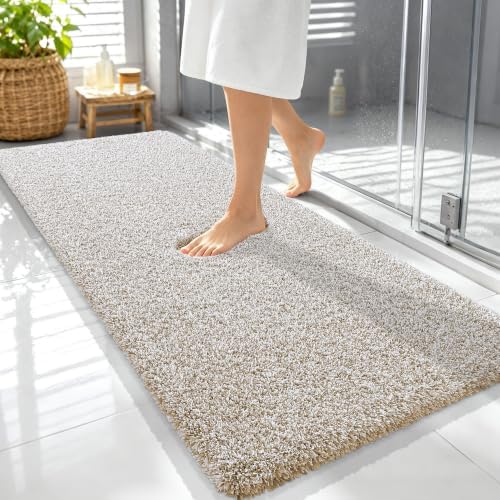 OLANLY Microfiber Bathroom Rugs 59x24, Quick Dry Bath Mat, Beige and White