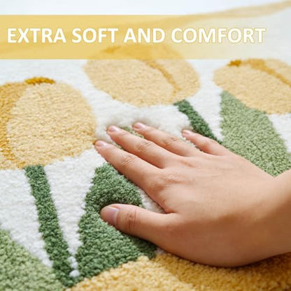 Tulip Flower U-Shaped Toilet Mat, Romantic Floral Non-Slip Bath Rug with Wave Edge Design, Soft Absorbent Microfiber Floor Mat for Toilet Base, Machine Washable Bathroom Decor (U-shaped Yellow)