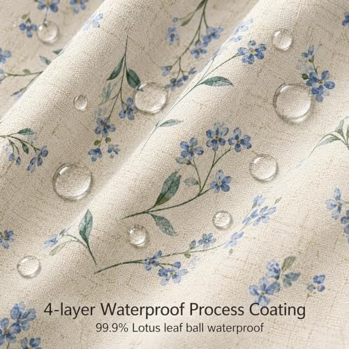 Leowefowa Vintage Farmhouse Blue Floral Shower Curtain, Linen Texture Fabric Bathroom Curtain, Rustic Wildflower Botanical Bath Decor, Waterproof Polyester Linen Blend, 72 x 72 Inch