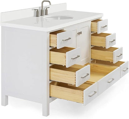 ARIEL Cambridge 54-inch Bathroom Vanity with Sink,Solid Wood, 1.5-inch Pure White Quartz Countertop & Backsplash, Single Oval Porcelain Sink, 2 Soft Closing Doors, 9 Dovetail Drawers, White