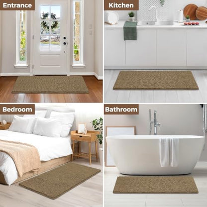 Bcoimo Bath Rug Mat,48x24 Chenille Non Slip Tan Long Bathroom Runner Rugs