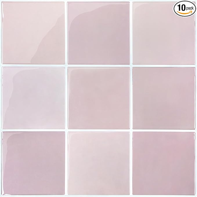 Commomy Thicker Pink Peel and Stick Tiles- 10 pcs of 12" x 12" - 3D Adhesive Square Peel and Stick Tiles Backsplash for Kitchen, Bathroom, Removable, Waterproof, Vinyl Wall Tile
