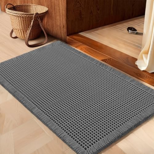 IM HOME Waffle Bath Mat Grey 36"x24", Boho Woven Modern Bath Mat Rugs, Absorbent Non Slip Bathroom Rugs, Soft Washable Bath Rugs with Tassels for Bathroom, Bedroom, Kitchen, Shower, Tub