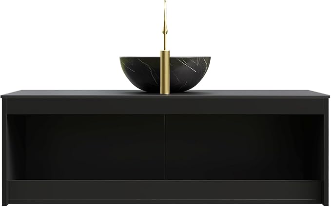 48 Inch Bathroom Vanity with Sink, Floating Fluted Vanity with Vessel Sink, Modern Wall Mounted Bathroom Vanity Cabinet with 2 Doors, Bowl Vessel Sink & Sintered Stone Top, Black