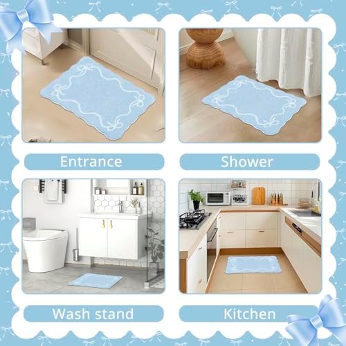 Mocsicka Blue Bow Bath Mat Cute Bow Bathroom Rug Super Soft Absorbent Bathroom Rugs Non Slip Bath Mat Machine Washable Rug for Bathrooms 16x24 inches (Blue, 40x60cm)