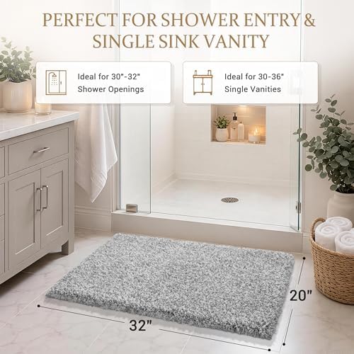 Yimobra Bathroom Rugs Non Slip Washable 32X20, Ultra Soft and Water Absorbent Bath Mats, Plush Fluffy Shower Mat Outside, Microfiber Thick Matts for Bathroom Floor/Tub, Light Gray and White
