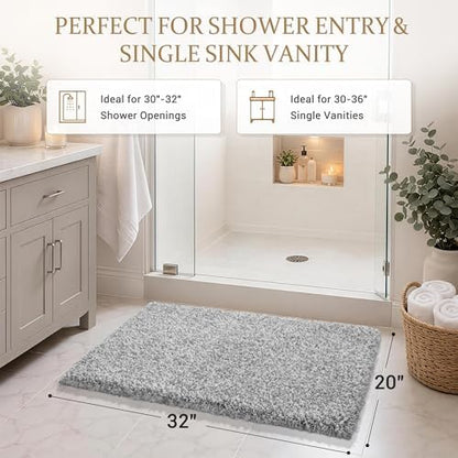 Yimobra Bathroom Rugs Non Slip Washable 32X20, Ultra Soft and Water Absorbent Bath Mats, Plush Fluffy Shower Mat Outside, Microfiber Thick Matts for Bathroom Floor/Tub, Light Gray and White