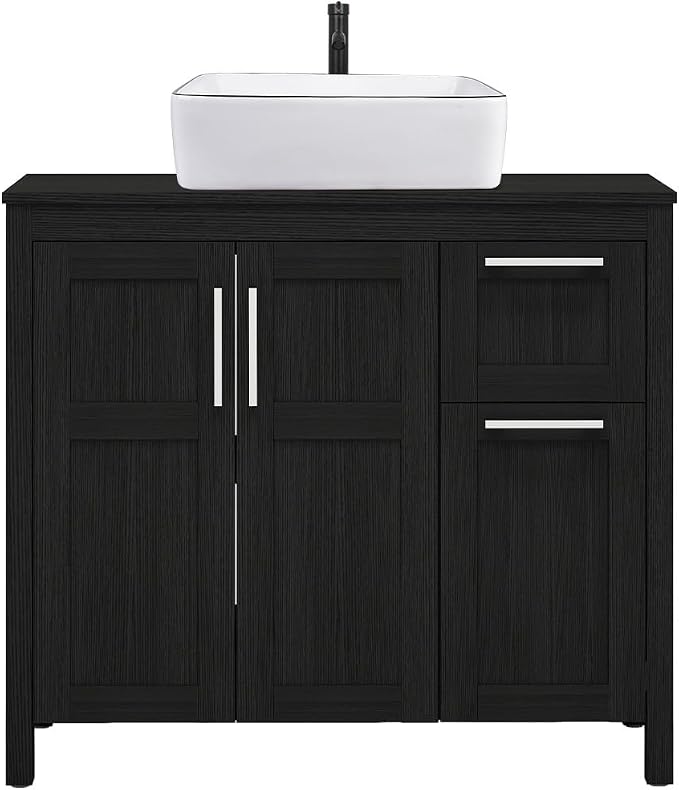 YOURLITE Bathroom Vanity with Sink,36" Black Bathroom Vanity Cabinet with White Ceramic Sink Faucet & Pop Up Drain Set