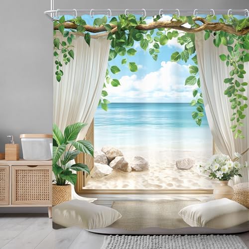 Ocean Blue Sea Coastal Beach Beachy Summer Bathroom Shower Curtain Set