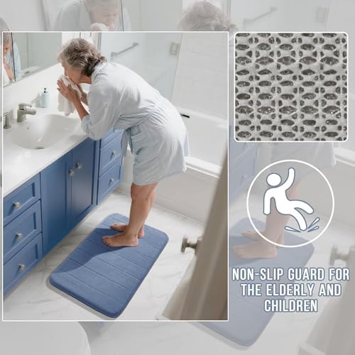 Yimobra Memory Foam Bathroom Mat Set, 31.5 x 20 & 24 x 20 in, Denim Blue