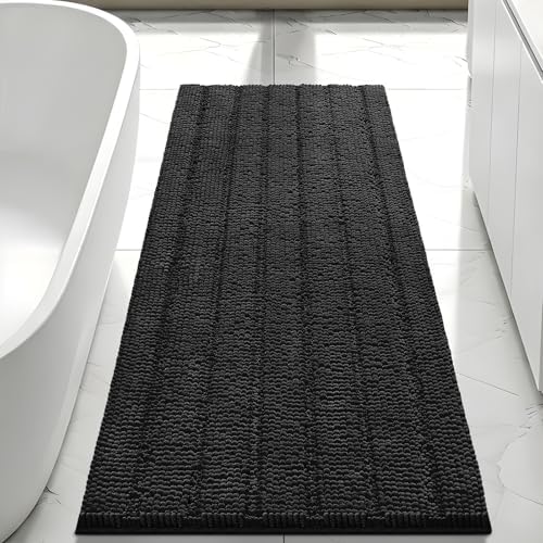 Bcoimo Bath Rug Mat, 48x24 Chenille Non Slip Black Long Bathroom Runner Rug