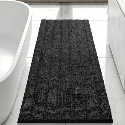 Bcoimo Bath Rug Mat, 48x24 Chenille Non Slip Black Long Bathroom Runner Rug