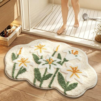 Cloud-Shaped Lily Bath Mat, Soft Non-Slip Fluffy Fresh Flowers Bathroom Rug, Ultra Absorbent Microfiber Shaggy Door Mat, Machine Washable Bath Rug Carpet for Bathtub Bedroom 20x31 Inch (White Lily)