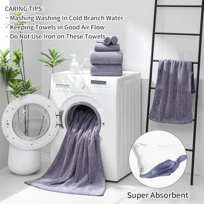 Ultra Soft Bath Towel Set,12 Piece (4 Bath Towels,4 Hand Towels,4 Washcloths) Family Bathroom Towels Set with Hanging Loop,Quick Dry Extra Absorbent Shower Towel for Bathroom,Hotel,Spa-Dark Purple