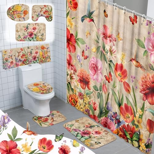 FuWeave 8 Pcs Vintage Floral Shower Curtain Set Bathroom Decor Hummingbird Butterfly Waterproof Bathroom Accessories Rustic Shower Curtain Sets with Towels Carpet Bath Mat Toilet Rugs and 12 Hooks
