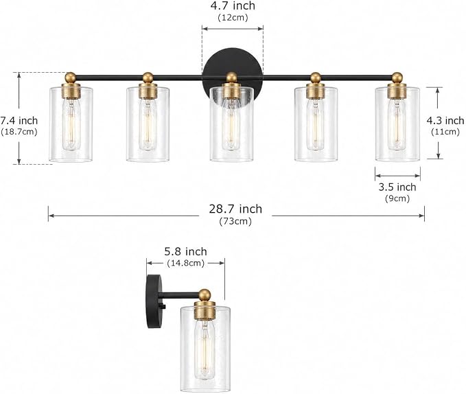 Black and Gold Vanity Light with 3 Color Modes, Eye Protection LED Bathroom Light Fixtures, Dimmable Modern Wall Light Over Mirror with Clear Glass Shade (Black & Gold, 5-Light)