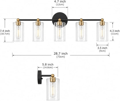 Black and Gold Vanity Light with 3 Color Modes, Eye Protection LED Bathroom Light Fixtures, Dimmable Modern Wall Light Over Mirror with Clear Glass Shade (Black & Gold, 5-Light)