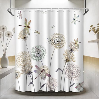 Tan Dandelion Shower Curtain Spring Dragonfly Light Brown and White Watercolor Shower Curtains for Bathroom Decor, Waterproof Cloth Fabric with Hooks 70" Wx72 L