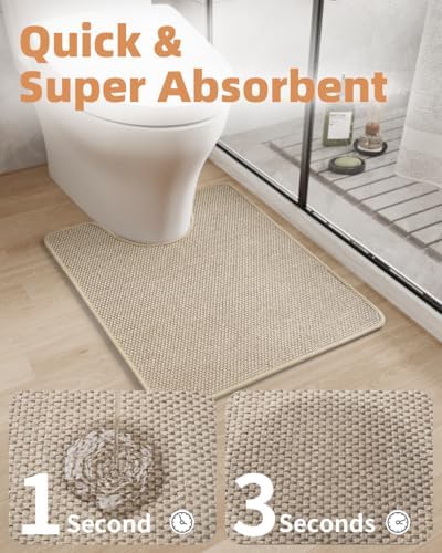 PADOOR Braided Toilet Rugs U Shaped, Non Slip Toilet Mats for Bathroom Floor Machine Washable Super Absorbent Contour Bath Rugs for Toilet Mat Quick Dry U Shaped Toilet Rug, 20''x24'' Light Beige