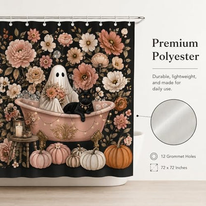 Halloween Shower Curtain, Black Cat Ghost Floral Bathroom Curtain, Autumn Pumpkin Decor Waterproof Polyester Fabric Shower Curtain with Hooks, 72x72 Inch