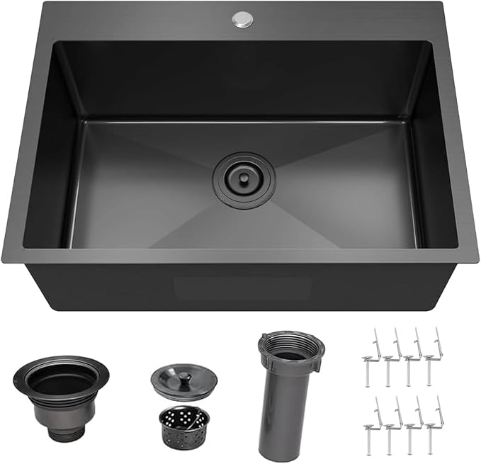 28x18 Inch Black Kitchen Sink, Topmount Drop In Stainless Steel Single Bowl Kitchen Sink, 16 Gauge Extra-Thick Modern Bar Prep RV Laundry Sinks with Mounting Brackets and Basket Strainer