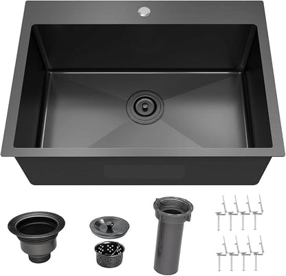 28x18 Inch Black Kitchen Sink, Topmount Drop In Stainless Steel Single Bowl Kitchen Sink, 16 Gauge Extra-Thick Modern Bar Prep RV Laundry Sinks with Mounting Brackets and Basket Strainer