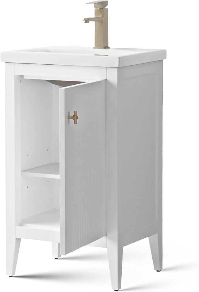 Vanity Art 20 inch Bathroom Vanity with Single Sink & Ceramic Top, Vanity Cabinet with Soft-Closing Door, Solid Wood Frame, Linear Pattern, White, VA9120-W-MB,Matte Black Handles