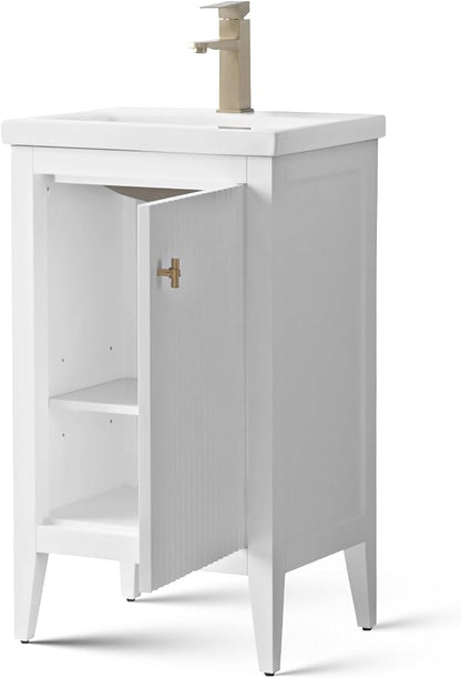 Vanity Art 20 inch Bathroom Vanity with Single Sink & Ceramic Top, Vanity Cabinet with Soft-Closing Door, Solid Wood Frame, Linear Pattern, White, VA9120-W-MB,Matte Black Handles