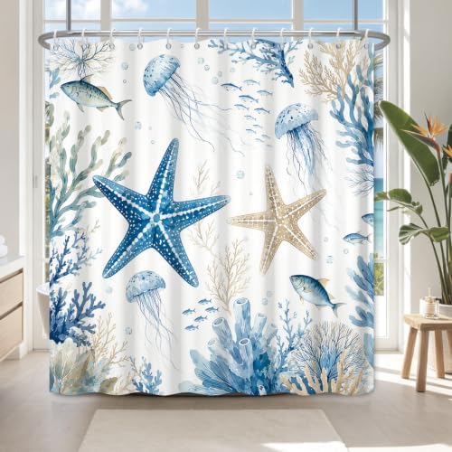 Ocean Style Navy Washable Shower Curtain with Weighted Bottom and 12 Hooks