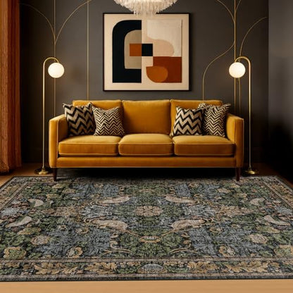 Hazo Haus Boho Living Room Rug 5x8 - Dark Green Rugs 5x8 for Bedroom, Dining Room, Office with Vintage Forest Farmhouse Botanical & Bird Design, Non Slip Stain Resistant Low Pile - Brown
