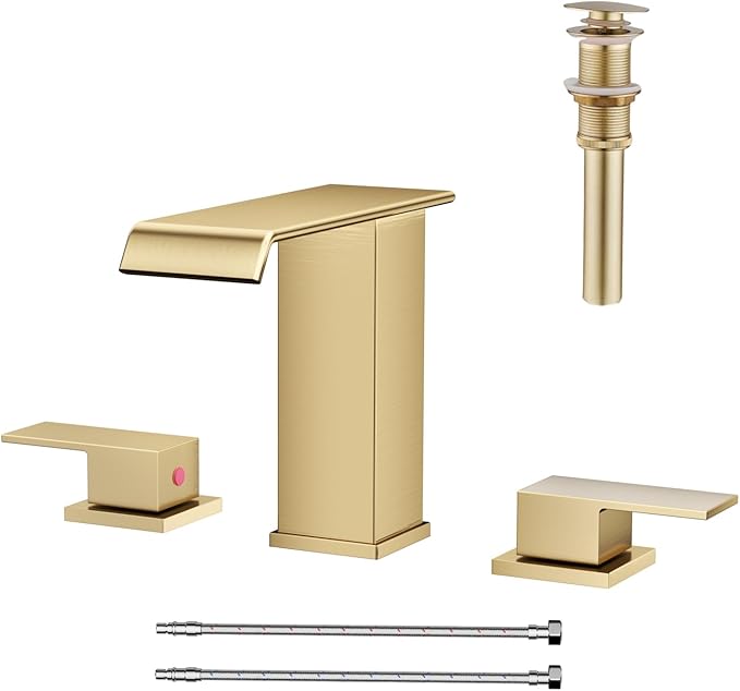 Waterfall Bathroom Faucet 3 Hole, Brushed Gold 8 Inch Widespread Modern 3 Piece Bathroom Sink Faucets & Parts, Touch On Lavatory Faucet for Bathroom Vanity