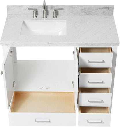 ARIEL Cambridge 42-inch Bathroom Vanity with Sink,Solid Wood, 1.5-inch Italian Carrara Marble Countertop, Single Rectangular Porcelain Sink, 2 Soft Closing Doors, 5 Dovetail Drawers, White