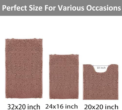 Chenille Bathroom Rugs Set 3 Piece Bath Mats for Bathoom Non-Slip Luxury Bathroom Rug Extra Soft and Absorbent Shaggy Rugs Washable Dry Plush Area Carpet