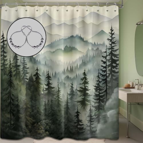 Sage Green Forest Extra Long Shower Curtain, Tall 72X96 in, Mountain