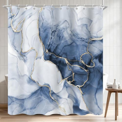 Blue Marble Shower Curtain Modern Abstract Luxury Gold Ink Texture Gray Ombre Watercolor Bathroom Curtain Set with Hooks Soft and Lightweight Waterproof Fabric Machine Washable 36" Wx72 L