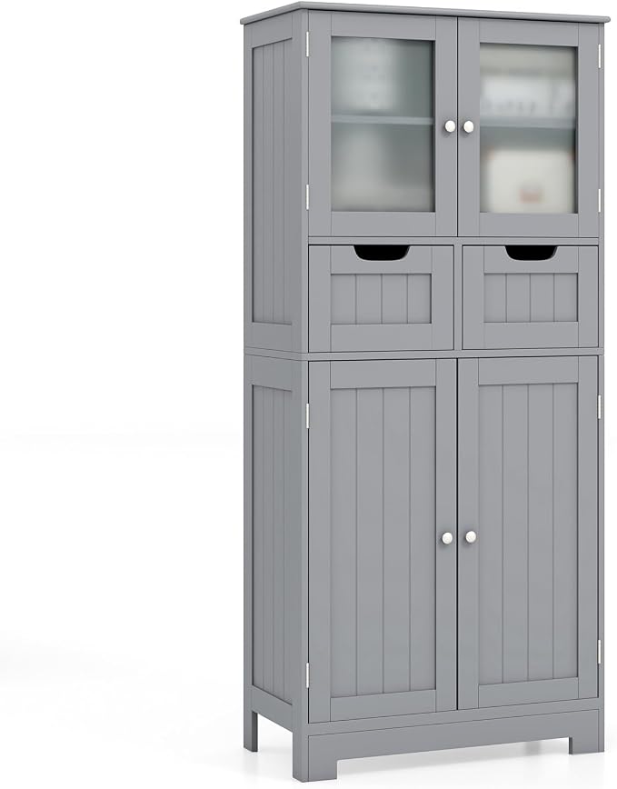 Giantex Bathroom Floor Storage Cabinet - Freestanding Cabinet with 2 Glass Doors, 2 Drawers & Adjustable Shelves, Multifunctional 50.5” Tall Storage Organizer Cupboard for Kitchen, Living Room (Gray)
