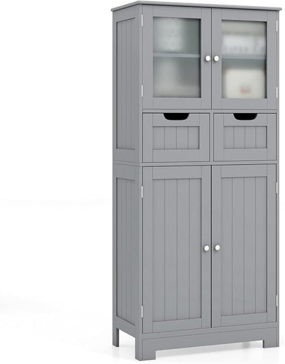 Giantex Bathroom Floor Storage Cabinet - Freestanding Cabinet with 2 Glass Doors, 2 Drawers & Adjustable Shelves, Multifunctional 50.5” Tall Storage Organizer Cupboard for Kitchen, Living Room (Gray)