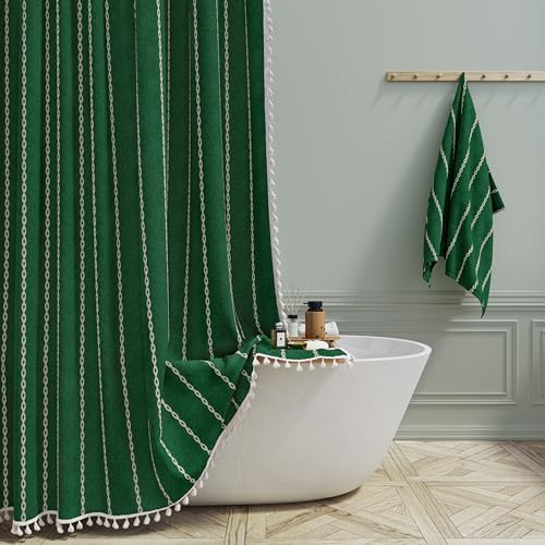 BTTN Small Boho Linen Heavy Duty Cloth Shower Curtain, 36x72, Emerald Green