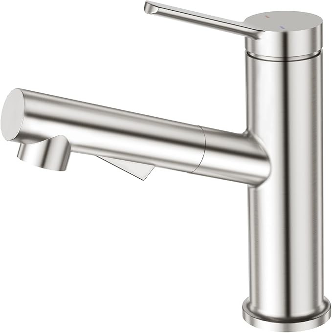 Faustina Single Hole Bathroom Faucet with Pull Out Sprayer, Brushed Finish Bathroom Sink Faucet for Vanity or Laundry, Stainless Steel 1 Handle with Deck Plate for 1 or 3 Hole