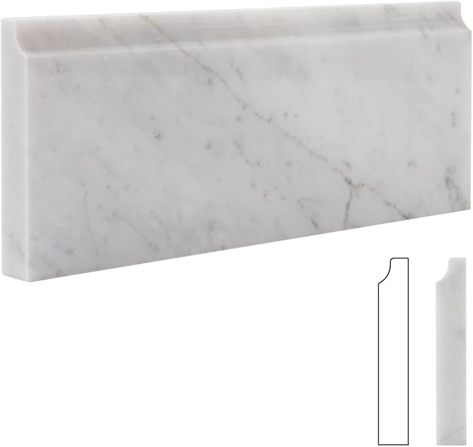 4 Pcs Carrara White Marble Baseboard Trim Molding, Polished | 4.5"x12" Marble Base Moulding for Kitchen, Bathroom, Wall, Floor & Shower, Protects Walls, Easy to Install, Durable