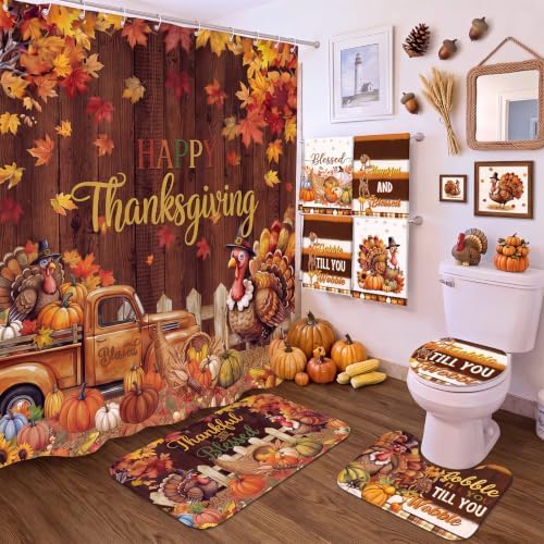 FuWeave 8 Pcs Happy Thanksgiving Shower Curtain Set, Rustic Turkey Pumpkin Farmhouse Bathroom Decor, Non-Slip Bath Rug, U Mat, Toilet Lid Cover, Hand Towels & 12 Hooks, Autumn Fall Harvest Home Decor