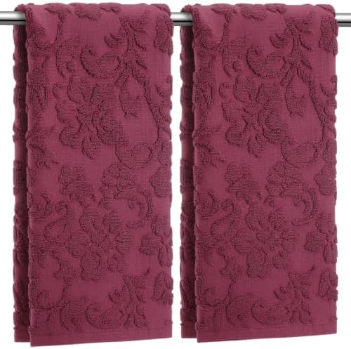 SmoothNovelty 2 Pcs Burgundy Red Floral Jacquard Hand Towels for Bathroom