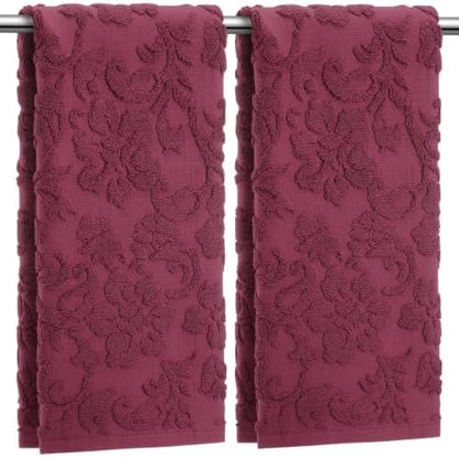 SmoothNovelty 2 Pcs Burgundy Red Floral Jacquard Hand Towels for Bathroom